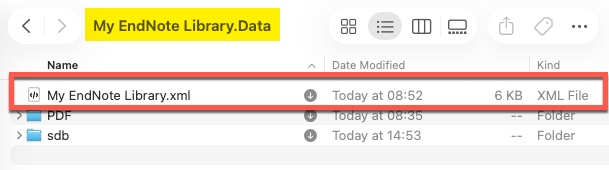 Screenshot of EndNote data location