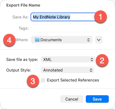 Screenshot of EndNote export options
