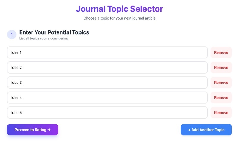 Screenshot of Journal Topic Selector app