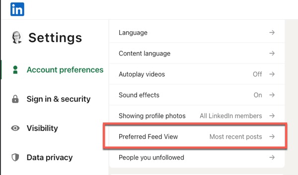 Screenshot of feed settings in LinkedIn