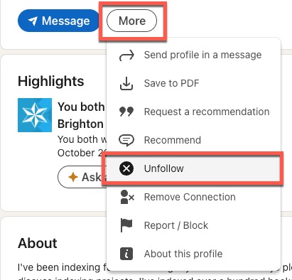 Screenshot of Unfollow in LinkedIn