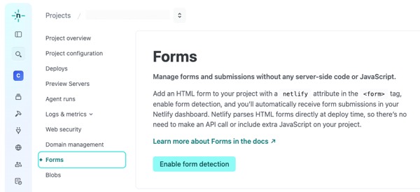 Screenshot of forms in Netlify