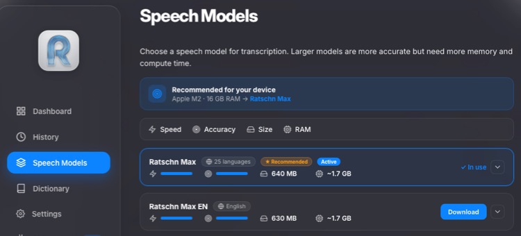 Screenshot of Ratschn settings