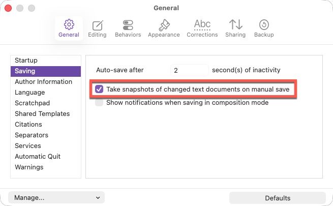 Screenshot of Scrivener Saving preferences