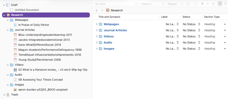 Screenshot of Scrivener