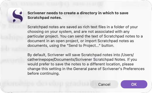 Screenshot of Scrivener Scratchpad alert