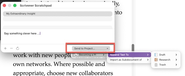 Screenshot of Scrivener Scratchpad Send to Project feature