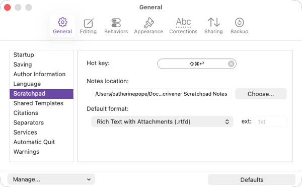 Screenshot of Scrivener Scratchpad settings