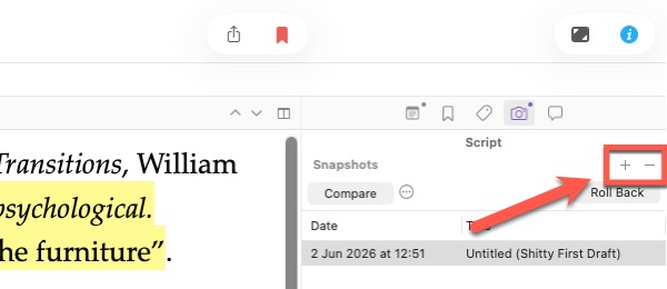 Screenshot of Scrivener Snapshot controls