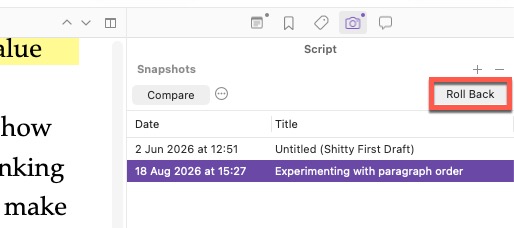 Screenshot of Scrivener Snapshots Roll Back in Inspector