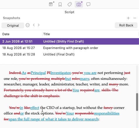 Screenshot of Scrivener Snapshots comparison