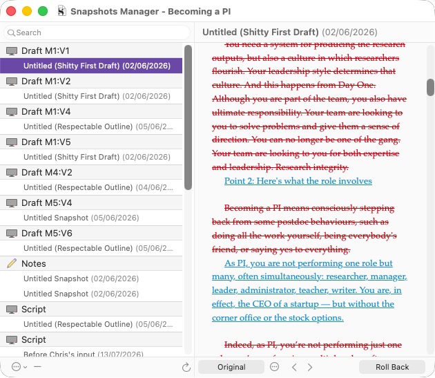 Screenshot of Scrivener Snapshots Manager in paragraph view