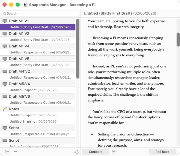 Screenshot of Scrivener Snapshots Manager