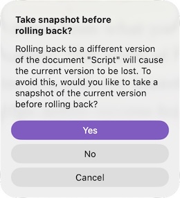 Screenshot of Scrivener Snapshots Roll Back prompt