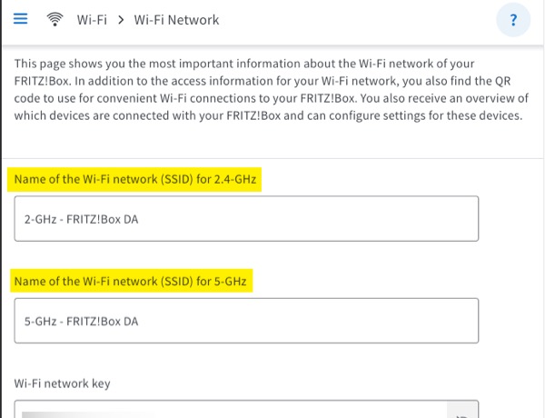 Screenshot of Wi-Fi Network settings on FRITZ!BOX