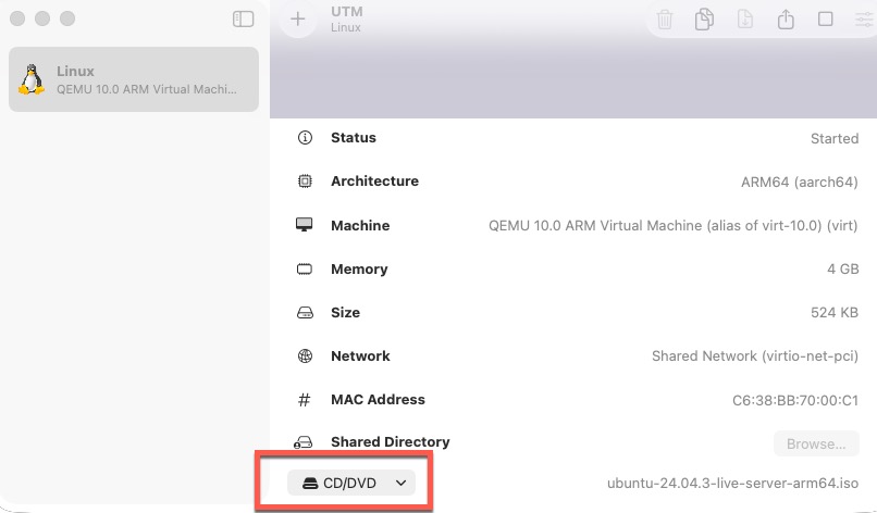 Screenshot of UTM CD/DVD control