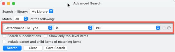 Screenshot of searching by attachment file type in Zotero