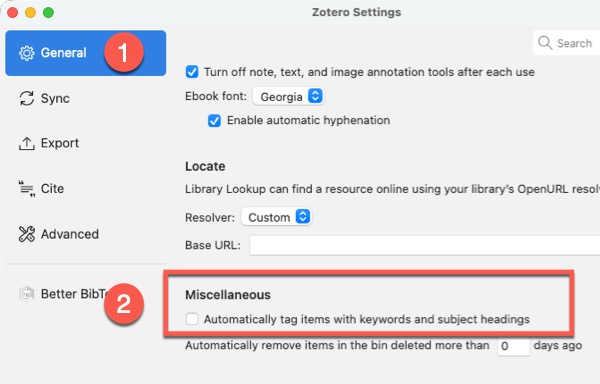 Screenshot of automatic tags settings in Zotero