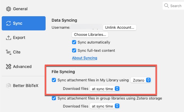 Screenshot of Zotero file syncing settings