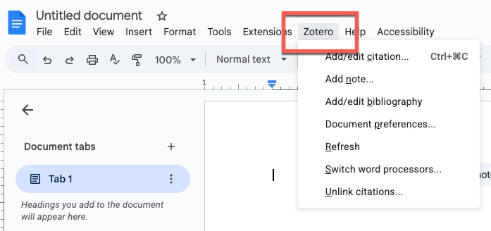 Screenshot of Zotero toolbar in Google Docs