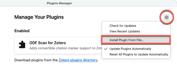 Screenshot of Zotero ODF/DOCX plugin installation