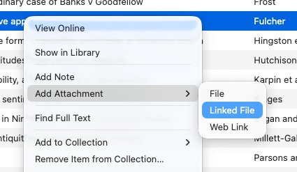 Screenshot of linking a file in Zotero