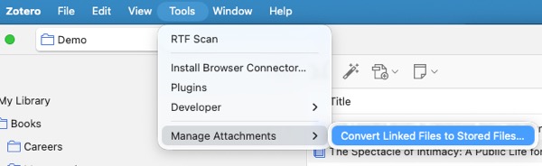Screenshot of Manage Attachments feature in Zotero