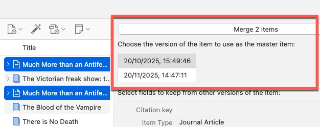 Screenshot of Merge Items in Zotero