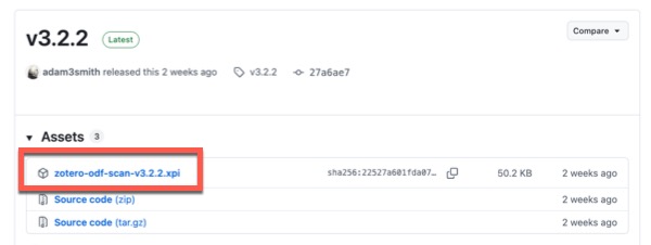Screenshot of Zotero ODF/DOCX plugin download page