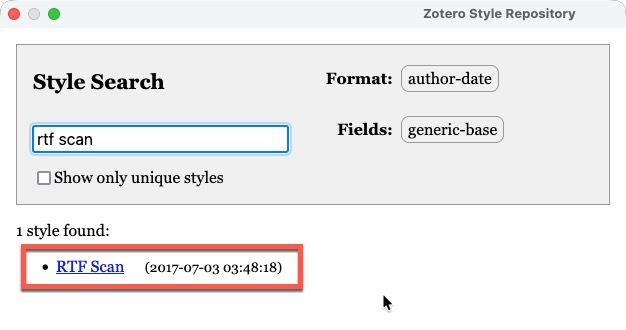 Screenshot of Zotero style search
