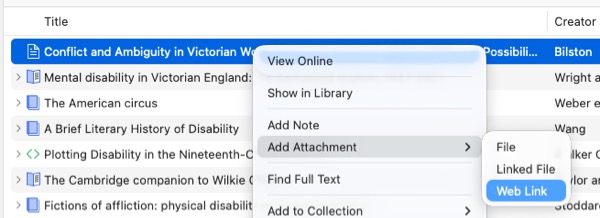 Screenshot of adding web link in Zotero