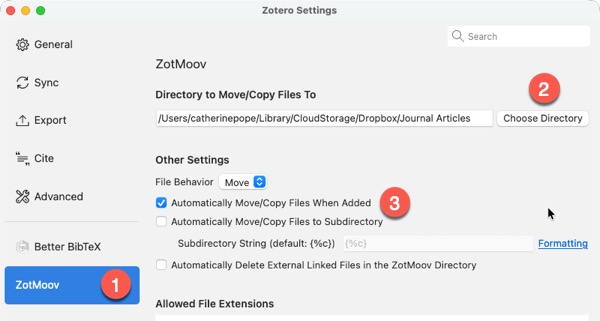 Screenshot of Zotmoov settings in Zotero